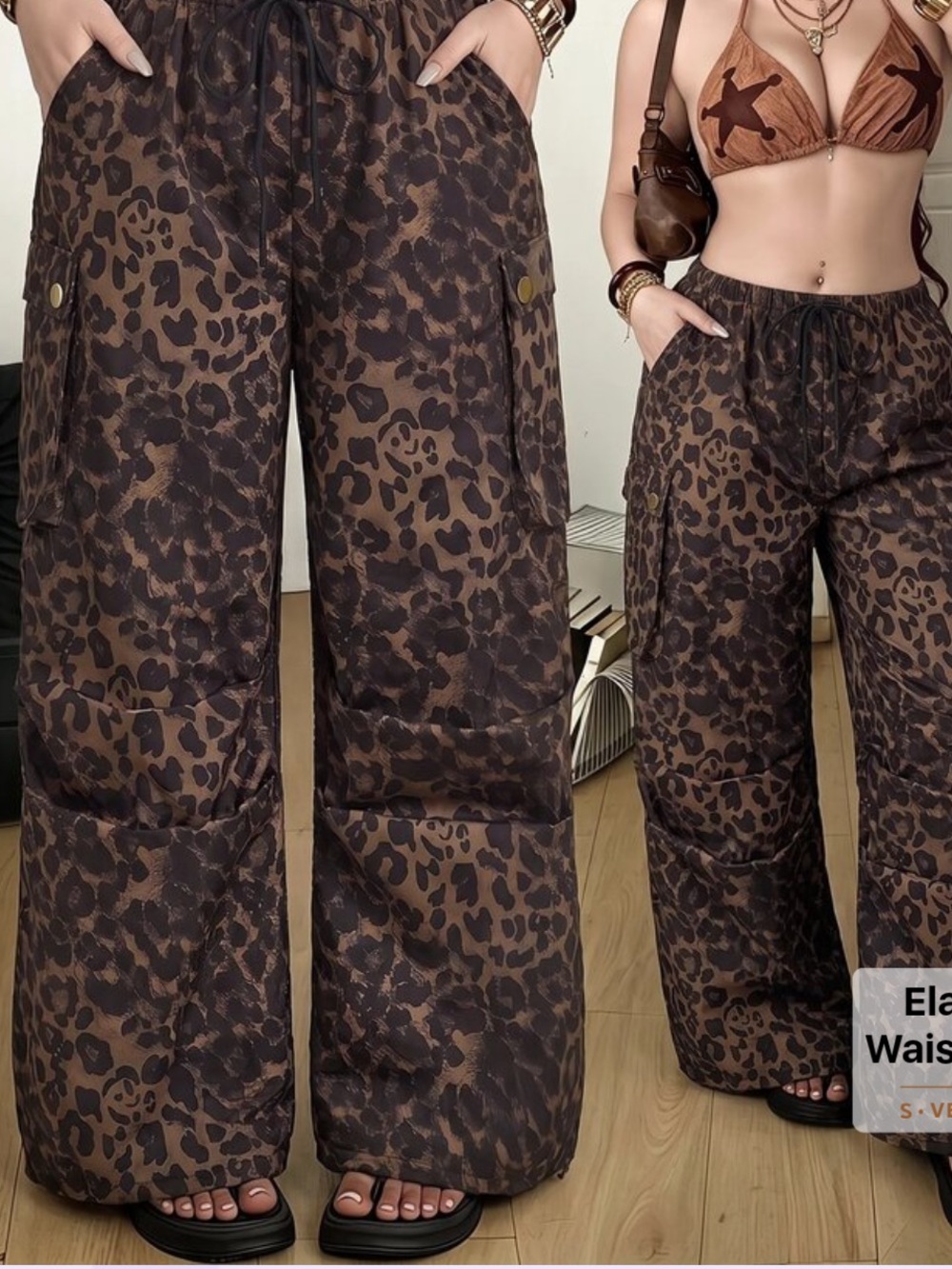 SHEIN Brown Leopard Print Wide-Leg Cargo Pants